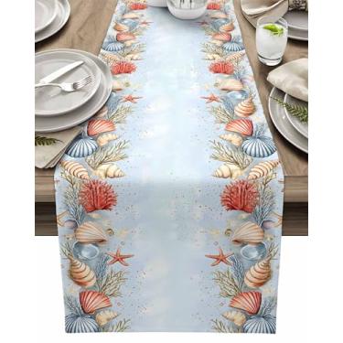 Imagem de Caminho de mesa verão praia estrela do mar concha azul coral corredores de mesa cozinha decoração de mesa de jantar para casa decoração de festa de fazenda 33 cm x 182 cm
