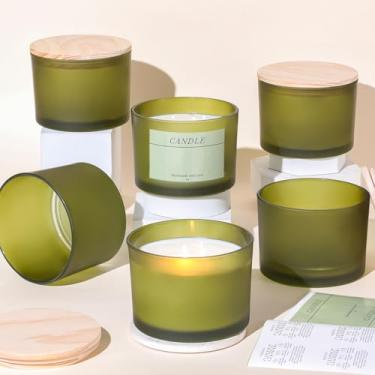 Imagem de LAMORGIFT Pacote com 6 frascos de vela de vidro verde de 473 ml, frascos de velas grandes para fazer velas, recipientes de vela foscos, recipientes a granel com tampas e etiquetas para bricolagem