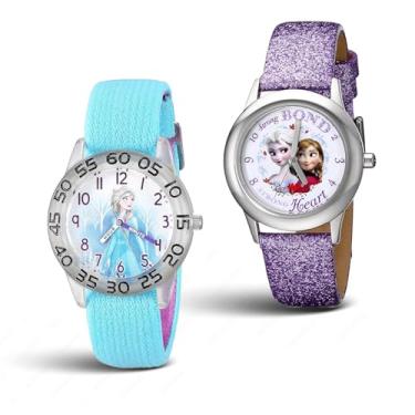 Imagem de Disney Conjunto de 2 relógios Frozen para crianças de 4 a 7 anos – com designs de mostrador Elsa e Anna – Biséis prateados com glitter roxo e pulseiras de nylon azul – para meninas – Ganhe 2 relógios
