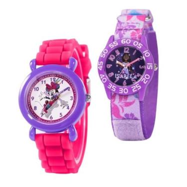 Imagem de Disney Conjunto de 2 relógios para crianças de 4 a 7 anos – com design de mostrador Isabela da Encanto e Minnie Mouse – Biséis roxos e rosa com pulseiras florais de nylon e silicone – Ganhe 2 relógios