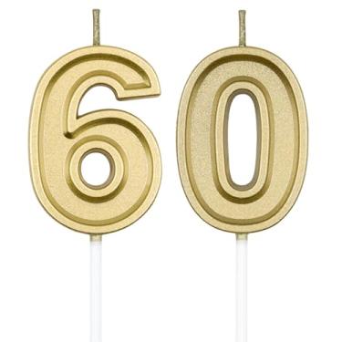 Imagem de UVATAHONA Velas de aniversário de 60 anos, vela dourada número 60 para decoração de bolo em festa de aniversário ou comemoração de aniversário