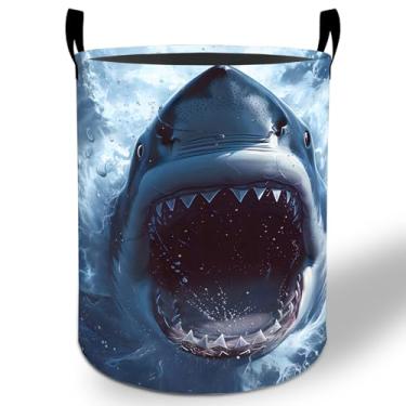 Imagem de Cesto de roupa suja tubarão 50 x 40 cm, tubarão branco oceano dobrável à prova d'água Oxford balde de armazenamento de roupas para quarto, banheiro, quarto de bebê, organizador de brinquedos