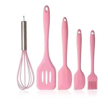 Imagem de Genérico Kit 5 Utensílios de Cozinha em Silicone Grau Alimentício, Espátulas Resistentes ao Calor 230°C, Lavável na Lava-Louças, Manual (rosa)