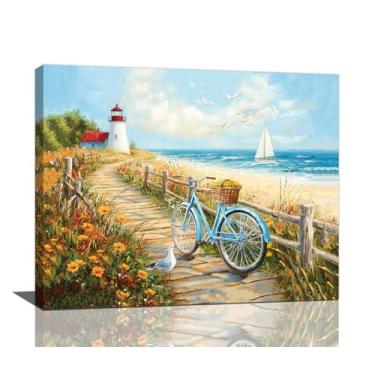 Imagem de Olivine Arte de parede costeira, decoração de parede de fotos de bicicleta de praia, pintura de farol, impressões em tela de paisagem marítima do oceano, arte emoldurada para sala de estar, quarto