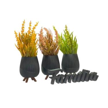 Imagem de 3 Vasos com Palavra Família Textura Ondulada Decorativo Moderna Banheiro Sala Estar Plantas Cachepot(Preto)