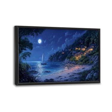 Imagem de Arte de parede costeira grande, decoração de parede com imagens noturnas do oceano azul grande, pintura de impressão em tela de veleiro à beira-mar, arte com moldura extra para sala de estar, quarto
