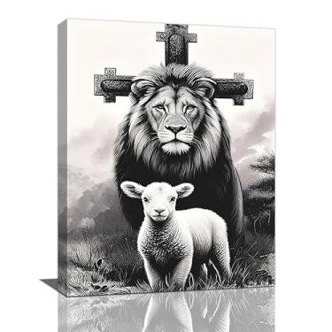 Imagem de Crekviy Leão e Cordeiro arte de parede Leão de Judá decoração de parede imagens cristãs impressões em tela pintura arte religiosa decoração para banheiro quarto sala de estar presentes emoldurados