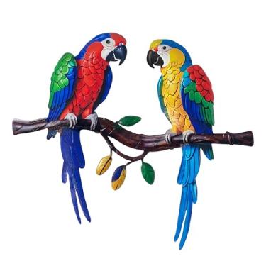 Imagem de Limygus Arte de parede de papagaio de metal tropical, decoração de jardim de pássaro duplo colorido, decorações para pendurar ao ar livre para pátio, cerca, quintal, sala de estar, varanda