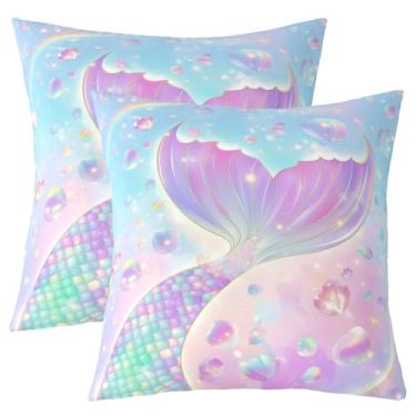 Imagem de Conjunto de 2 capas de almofada de cauda de sereia com estampa de dupla face do mundo submarino colorido para cama ou sofá, fronhas de concha de vida marinha para sofá, poltrona, 40,6 x 40,6 cm