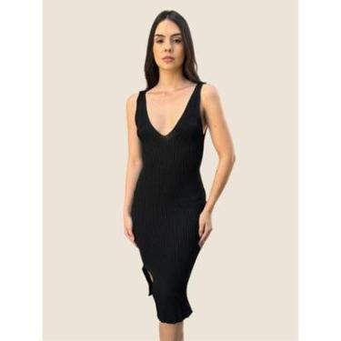 Imagem de Vestido Midi Feminino Tricot Tubinho Leve Moda Casual Fenda Lateral-Feminino