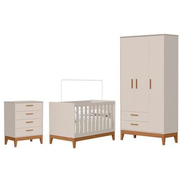 Imagem de Dormitório Infantil Flip Guarda Roupa 3 Portas, Cômoda 4 Gavetas E Berço Areia Fosco - Reller Móveis Areia Fosco