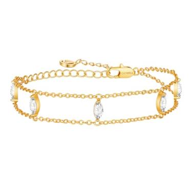 Imagem de Cicy Bell Pulseiras femininas de ouro com corrente dupla de zircônia cúbica ajustável, pulseiras da amizade, pulseira delicada do mês de nascimento de 17 cm com extensor de 5 cm, 8.7 inches, Latão