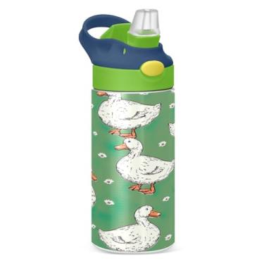 Imagem de Blueangle Garrafa de água de patos fofos de aço inoxidável isolada de 350 ml com tampa de canudo - Garrafa esportiva reutilizável à prova de vazamento para viagens, ao ar livre (505)