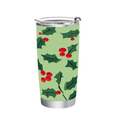 Imagem de Blueangle Copo de 590 ml com tampa e canudo, copo de café com água isolada a vácuo de aço inoxidável, caneca de viagem com folhas de azevinho, copo térmico para bebidas quentes e frias (500)
