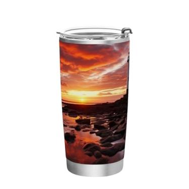Imagem de Blueangle Copo de 590 ml com tampa e canudo, copo de café com água isolada a vácuo de aço inoxidável, caneca de viagem do farol do pôr do sol copo térmico para bebidas quentes e frias (434)