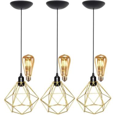 Imagem de 3 Pendentes Aramado Teto Diamante Luminária Lustre Retrô Balcão + Lâmp