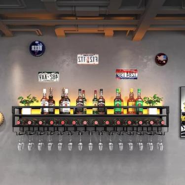 Imagem de HGTRH Suporte de vidro de parede para garrafa de vinho, prateleira suspensa de metal, prateleira de exibição de garrafa de licor com luzes, prateleiras flutuantes para parede com prateleiras de copo