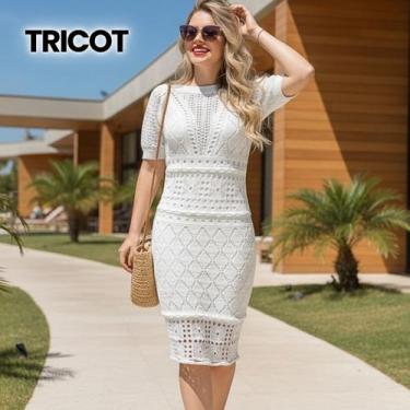 Imagem de Vestido Midi Tricot Vazado Manga Curta - Vitrine Collection, Branco, U