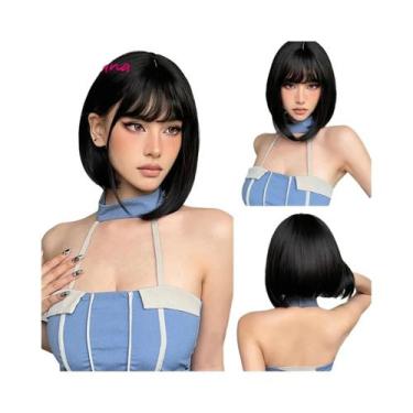 Imagem de Peruca Sintética Preta Lisa Curta Com Franja Para Mulheres, Cabelo Afr