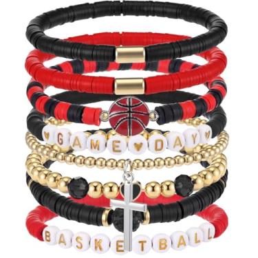 Imagem de Landical 8 pulseiras de basquete para o dia do jogo, pulseiras elásticas com contas de argila Heishi, acessórios de basquete, mamãe, joias, presentes, Contas de disco de argila de polímero, metal