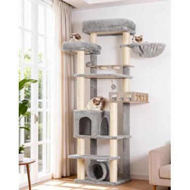 Imagem de Gitelsnour Árvore para gatos com túnel, torre para gatos internos, torre alta para gatos com condomínio para gatos, estação de alimentação, plataforma grande, postes para arranhar, rede, cinza claro