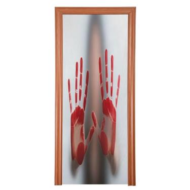 Imagem de Qilmy Decoração de capa de porta 81 x 200 cm tecido grande placa de decoração de festa de Halloween para porta da frente Halloween vermelho palmeira de sangue varanda decoração externa janela parede