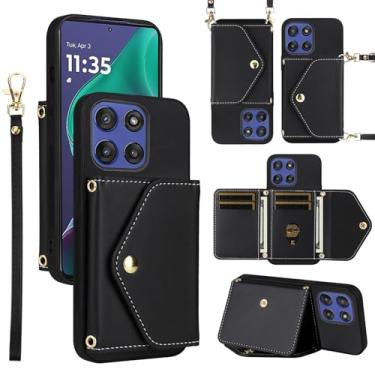 Imagem de Dswteny Capa carteira para Motorola Moto G Stylus 5G 2025 com cordão de pulso alça de ombro fina, porta-cartões de crédito de couro PU acessórios capa de celular para G5 mulheres homens preta