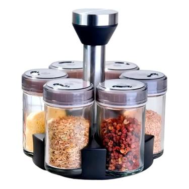 Imagem de Porta Temperos Giratório 360° com 6 Potes de Vidro, Base em ABS e Aço Inox, 100ml cada, Tampa com 3 Saídas, 18cm Altura