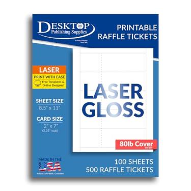 Imagem de Folhas de bilhetes de sorteio em branco com tocos removíveis – 500 ingressos para impressão (100 folhas) – Cartolina branca brilhante a laser de 36 kg – 5 x 17,8 cm bilhetes para eventos, desenhos