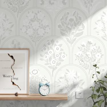 Imagem de Guvana Papel de parede de contato boho off-white e cinza papel de parede floral moderno 199.9 cm x 43.9 cm papel de parede removível autoadesivo para banheiro, lavanderia, rolos de vinil à prova