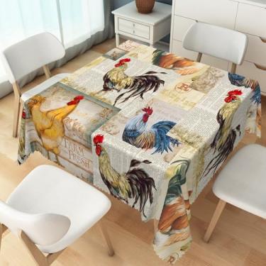 Imagem de TTQYFNM Toalha de mesa quadrada de galo de 132 x 132 cm, vintage, galinha, fresca, decorativa, toalha de mesa de tecido lavável e resistente a amassados, capa de mesa para cozinha, sala de jantar