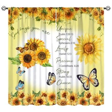 Imagem de Cortinas de estilo rústico, citações cristãs inspiradoras com estampa de borboleta de girassol, tratamentos de janela, cortinas com isolamento térmico com bolso para varão, conjuntos de 2 painéis para