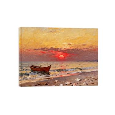 Imagem de BMZFYBS Arte de parede paisagem imagem em tela - barco de praia pôr-do-sol decoração moderna impressão pintura para sala de estar pronto para pendurar 30x40cm12x16in tela embrulhada