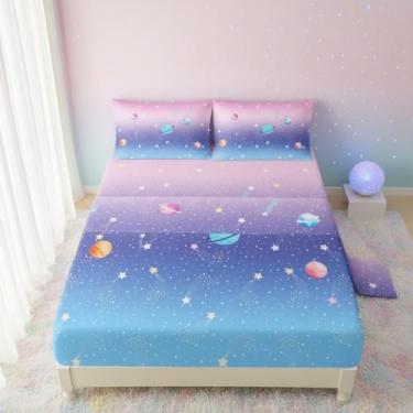 Imagem de QOOMO Jogo de lençol infantil casal de desenho animado com estampa de estrelas, leve para todas as estações, conjunto de cores para decoração de quarto, 1 lençol com elástico, 1 lençol de cima, 2