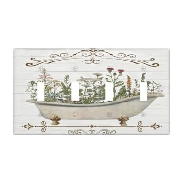 Imagem de Tulpock Capa de interruptor de luz floral rústica para casa de fazenda decorativa de madeira branca botânica 4 gangues quadriciclo placa de parede Switchpalte tomada elétrica para banheiro cozinha