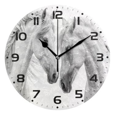 Imagem de JUZIHAI Lindo relógio de parede de cavalo branco, silencioso, sem tique-taque, relógios de parede redondos operados por bateria, fácil de ler, relógio decorativo de parede para casa, cozinha, sala de
