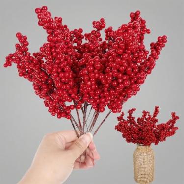 Imagem de Ramo de bagas vermelhas de Natal, plantas falsas, flores artificiais, grinalda de frutas silvestres para decoração de casa de festa de árvore de Natal (1 peça)