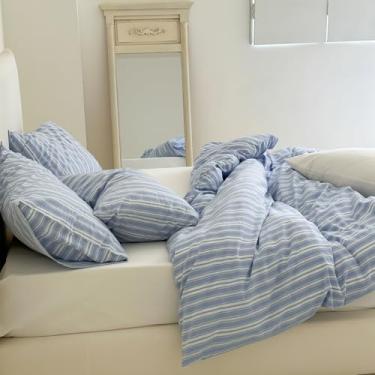 Imagem de Conjunto completo de capa de edredom listrado azul, estampa de listras, 100% algodão lavado, minimalista, azul, branco, listrado, capa de edredom com 2 fronhas, 3 peças de capa de edredom macia e