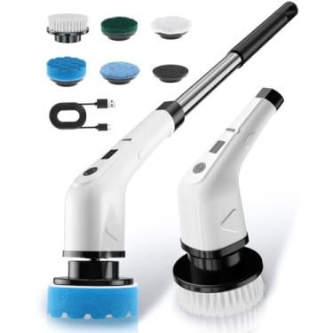 Imagem de Esfregão giratório elétrico com 6 cabeças de escova de substituição, escova de limpeza sem fio de velocidade dupla 360/300 RPM com bateria de 2500 mAh para limpeza de banheiro, banheira, azulejo e