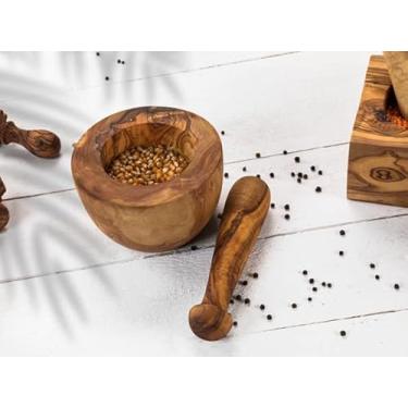 Imagem de Pote de pitada de sal e pimenta de oliveira com tampa giratória, suporte de tempero de madeira rústica, 15 cm (pilão e almofariz Ø 9,7 cm)