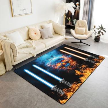Imagem de Feelyou Tapete de área de sabre de luz, conjunto de tapetes decorativos para crianças, vermelho, azul, para meninos, adolescentes, sabre de luz, crânio, sala de estar, estilo fogo, amarelo, interior,
