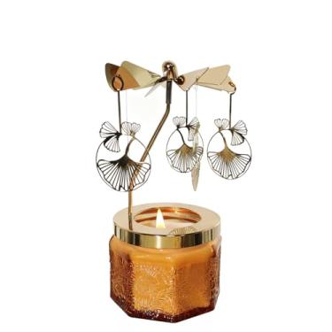 Imagem de kingnero Castiçal giratório com aroma de lavanda carrossel giratório chá luz presentes de aniversário para mulheres, mãe, esposa, namorada, irmã, amigas, (folha de ginkgo dourada)