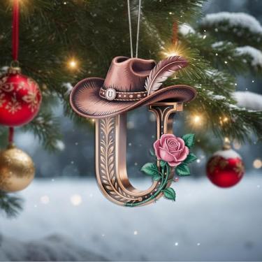 Imagem de Decorações de Dia dos Namorados A-Z Cristal Pendurado, Chapéu de Cowboy LetterU, Enfeites de Natal Artesanais para Carro e Casa - Decoração de Acrílico Escolar, Troca de Presente para Amigos, Sala de