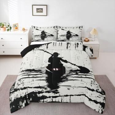 Imagem de Erosebridal Conjunto de cama solteiro com edredom de corrida de barco com fronha para crianças, meninos, homens, esportes radicais, retrô, tie-dye, barco, galpão, lago vermelho, preto, edredom quente