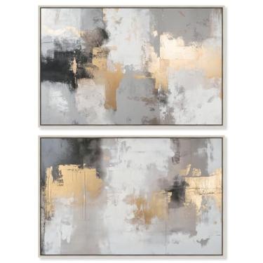 Imagem de Conjunto de 2 arte de parede para sala de estar com impressão abstrata harmonia de luxo neutro por Art Remedy, moldura prata, 38 x 25 cm