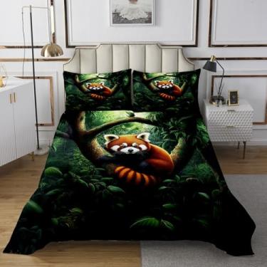 Imagem de Homewish Conjunto de cama solteiro com panda vermelho 3D, animais selvagens, 2 peças, para decoração de quarto de crianças, meninas, meninos, adultos, árvore tropical, conjunto de edredom verde e
