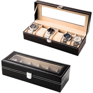 Imagem de Porta Relógio, Premium com 6 Compartimentos, Caixa Organizadora Preta, Interior em Veludo Bege, Estojo para Relógios Masculino com 6 Divisórias Premium