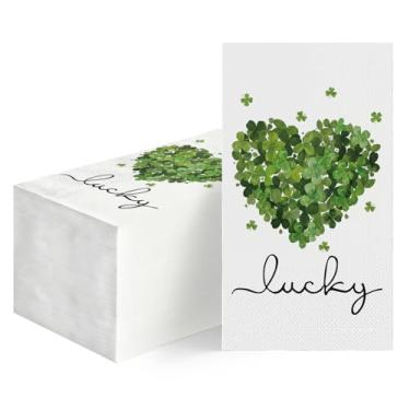 Imagem de Horaldaily 100 guardanapos decorativos de papel descartáveis para convidados do dia de São Patrício, toalha de mão de coração de trevo verde para festa, almoço, jantar, cozinha, decoração de banheiro