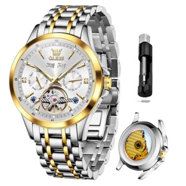 Imagem de OLEVS Relógios automáticos masculinos mecânicos luxuosos com corda automática, vários calendários, aço inoxidável, à prova d'água, relógios de pulso para homens, relógios prateados 7091, relógio