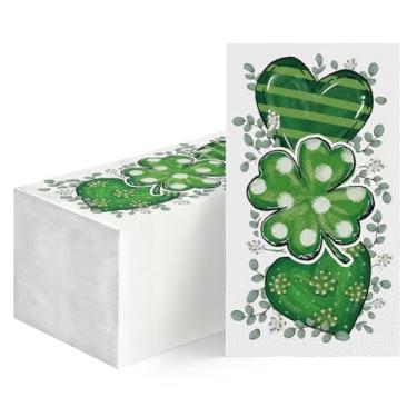 Imagem de Horaldaily 50 guardanapos de papel descartáveis para convidados do dia de São Patrício, toalha de mão de folhas cinzentas de coração de trevo verde para festa almoço jantar cozinha decoração de